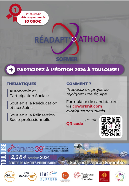 Affiche du réadapthon organisé par SOMFER. Thématiques abordées : autonomie et participation sociale, Soutien à la rééducation et aux soins, soutien à la réinsertion socio-professionnelle. Proposez un projet ou rejoignez une équipe