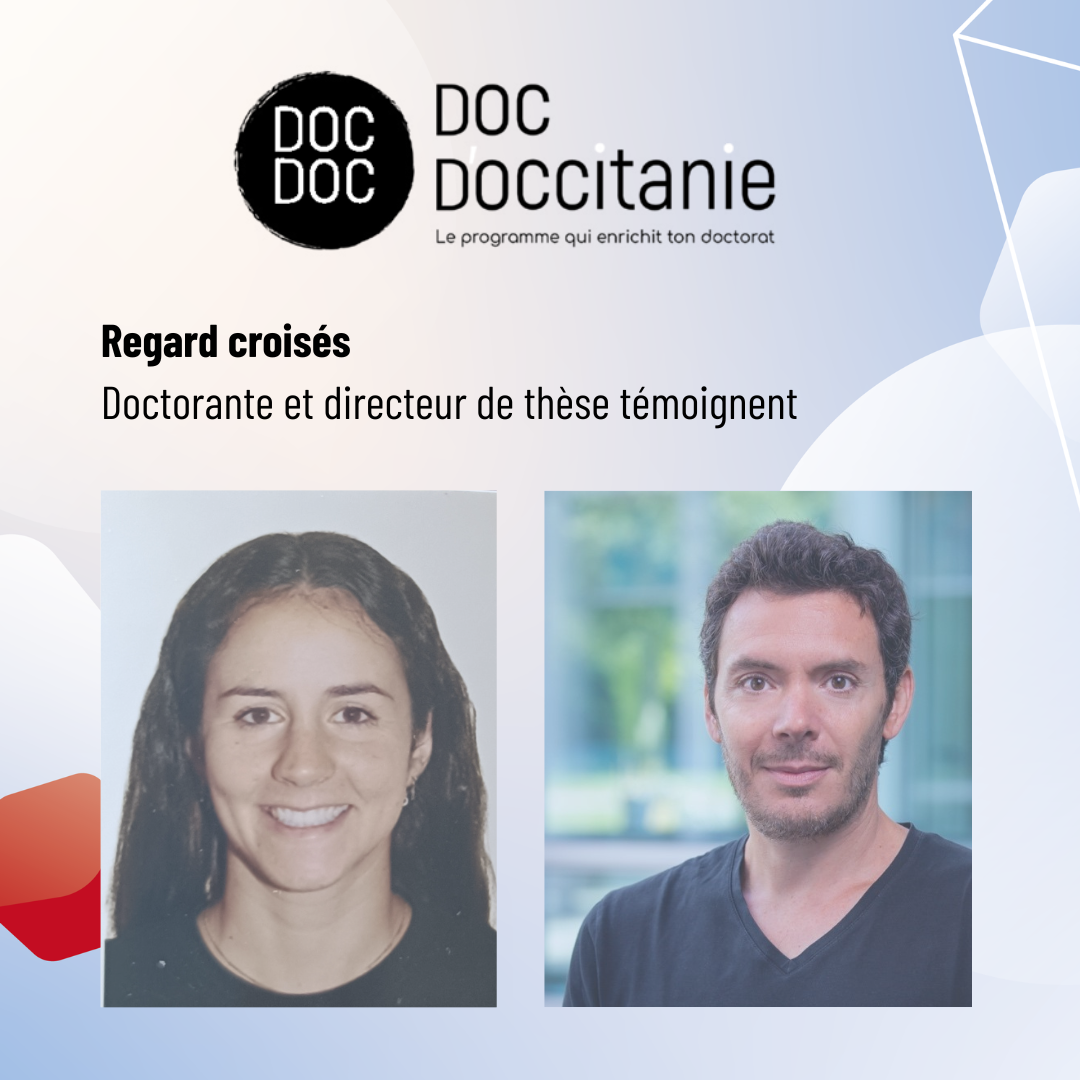 Doc d'Occitanie - Programme d'accompagnement à l'entrepreneuriat- photos de la doctorante Laura Sierras-Heras et s directeur de thèse, Christophe Danelon, chercheur à TBI